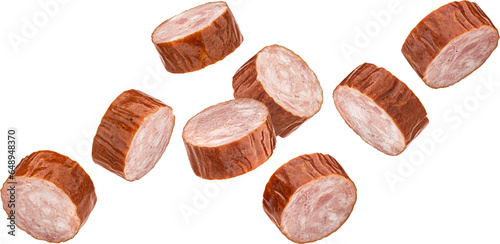 Smoked bratwurst sausage slices isolated