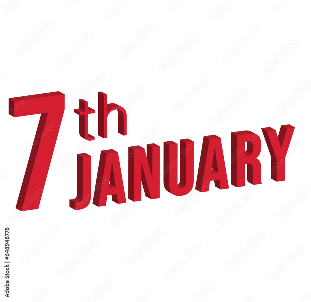 7th january ,  Daily calendar time and date schedule symbol. Modern design, 3d rendering. White background. 