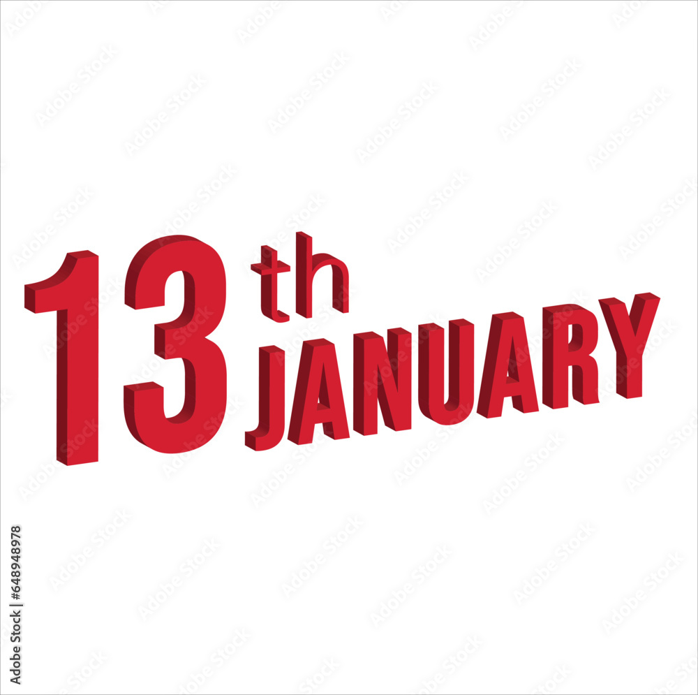 13th january , Daily calendar time and date schedule symbol. Modern design, 3d rendering. White background. 13th january , Daily calendar time and date schedule symbol. Modern design, 3d rendering. White background.