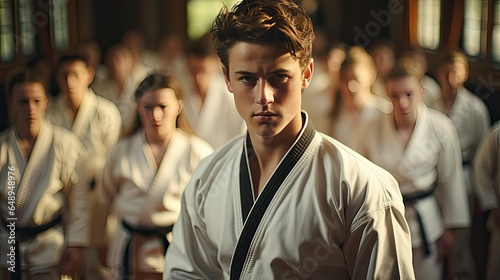 karate teacher wearing white kimono and black belt fighting learning, exercising in karate class 