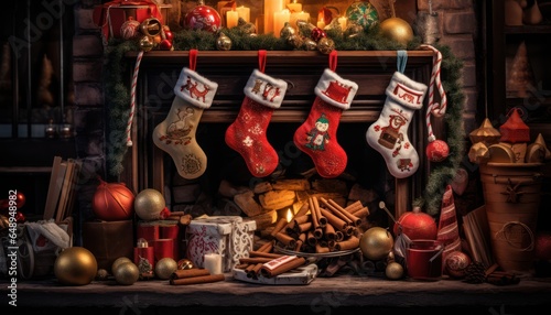 Photo of a cozy Christmas fireplace with stockings hanging from it