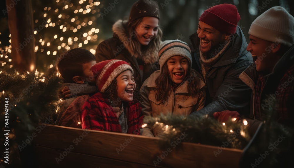 Photo of a festive gathering around a beautifully decorated Christmas tree