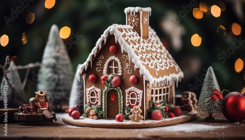 Photo of a beautifully decorated gingerbread house on a festive table