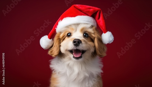 Photo of a festive dog wearing a Santa hat on a vibrant red background © Anna