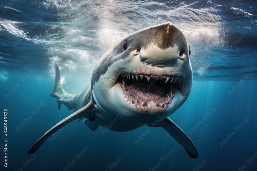 Obraz premium Close-up of a scary big shark swimming with other fish in the ocean sunlight