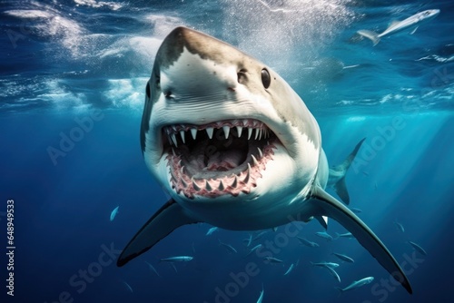 Close-up of a scary big shark swimming with other fish in the ocean sunlight © Irina