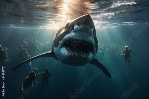 Obraz na plátně Several apnea divers marvel at a huge shark beneath the surface of the water
