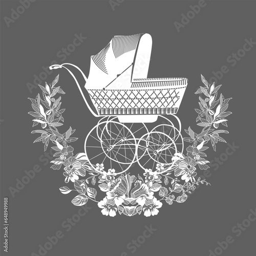 drawing of an antique stroller in a floral lace frame