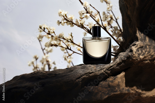 A beautiful bottle of Niche perfume on a tree trunk.