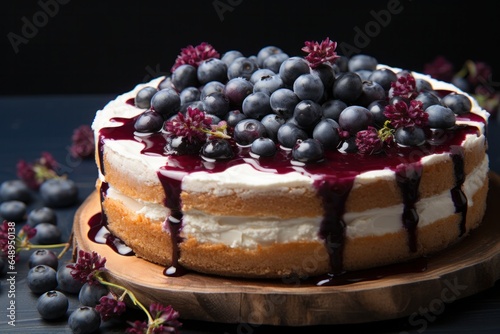 Blueberry cheesecake with fresh berries on black background, closeup