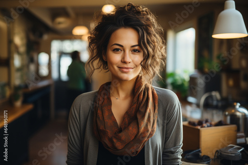 Casual portrait of a designer in her office standing by her desk made with AI