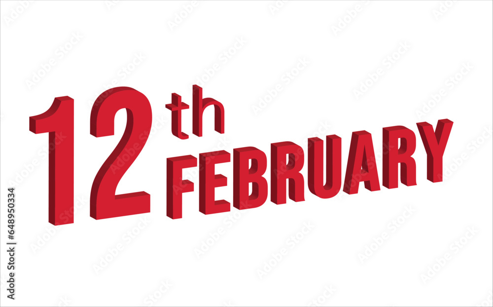 12th February , Daily calendar time and date schedule symbol. Modern design, 3d rendering. White background. 12th February , Daily calendar time and date schedule symbol. Modern design, 3d rendering. White background.