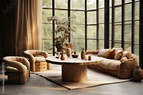 Interior of modern living room with wooden furniture, coffee table and window
