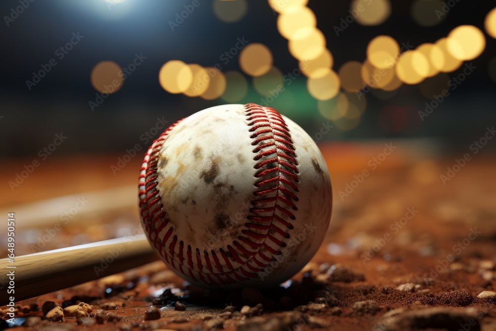 Baseball ball and bat on a baseball field with bokeh background Baseball ball and bat on a baseball field with bokeh background