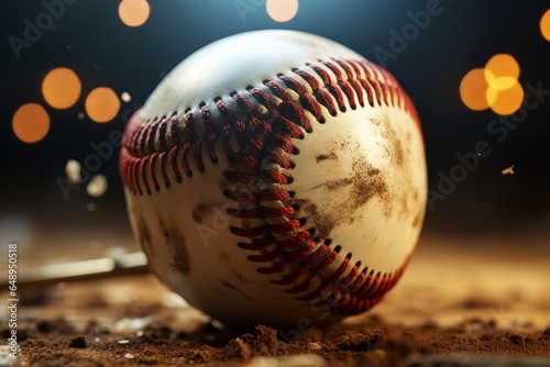 Baseball ball and baseball bat on a baseball field with bokeh background