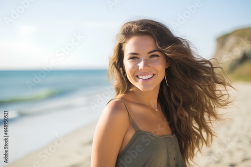 Happy beautiful young woman smiling at the beach side. Delightful girl enjoying sunny day out. Healthy lifestyle concept. generative AI
