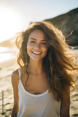 Happy beautiful young woman smiling at the beach side. Delightful girl enjoying sunny day out. Healthy lifestyle concept. generative AI © yj