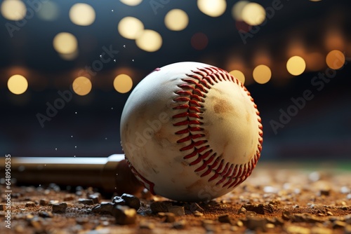 Baseball ball and bat on a baseball field with bokeh background