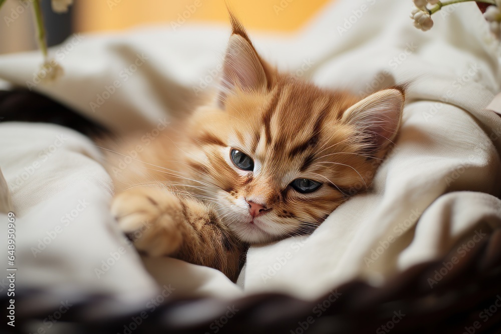 Cute ginger kitten sleeping in a wicker basket on a bed Cute ginger kitten sleeping in a wicker basket on a bed