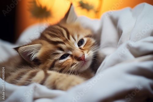 Cute siberian kitten lying on the bed at home.