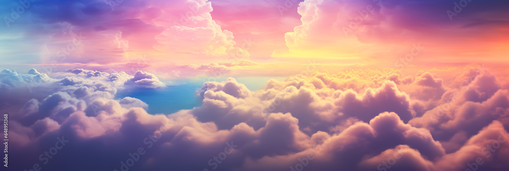 Panorama of a big summer field shined with the sun, with clouds and rainbow in the sky on background