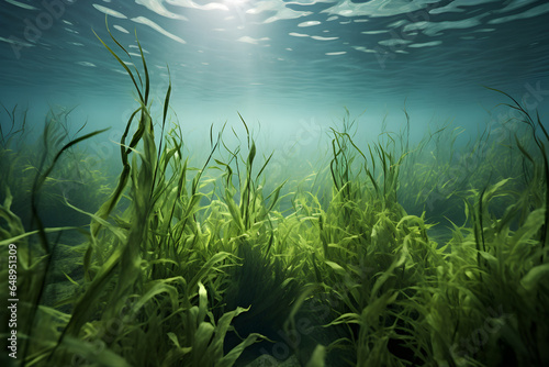 Underwater view of a group of seabed with green seagrass, Generative AI © Teerapat