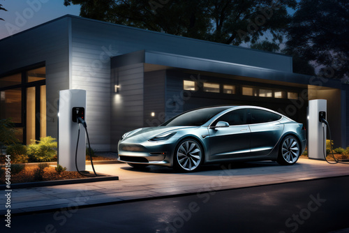 3D rendering of a brand-less generic concept car in a charging station