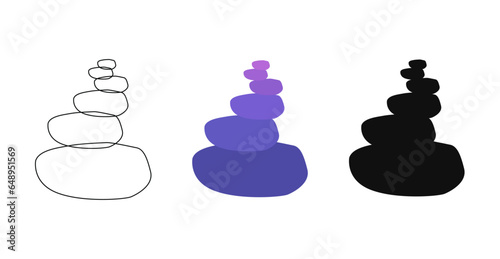 Zen Buddhist stones in pile. Purple violet color, silhouette, outline. Symbol of harmony, balance. Meditation, Spa massage, relaxation. Stones pyramid. Vector isolated on white. Print, decor, textile