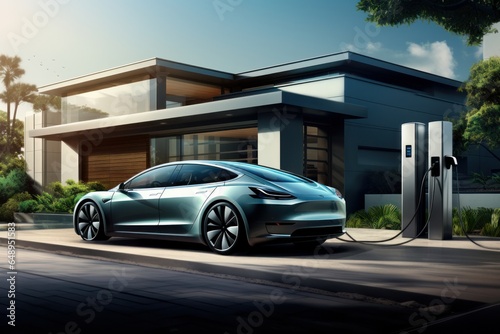 Electric car charging in front of a modern house. 3D rendering © Angus.YW