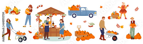 Stall and truck car with pumpkins on Thanksgiving market. Farmers showing home grown pumpkins. Man and woman with harvested fresh pumpkins. Fall holiday illustration set Vector character in flat style