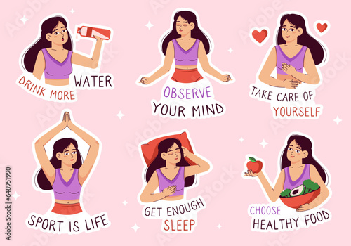 A set of stickers with a girl leading a healthy lifestyle. Stickers with a character. Vector flat illustration