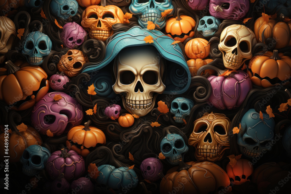 Halloween Background with Skulls and Pumpkins