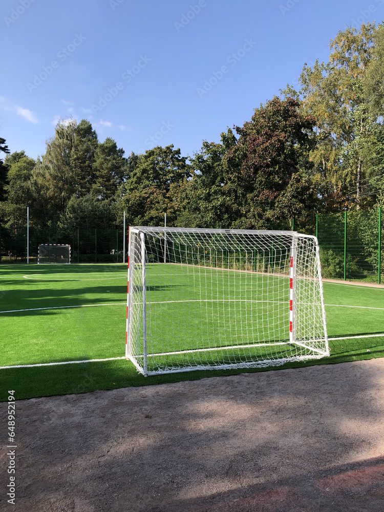 Fototapeta premium empty school football field, gates in the foreground, green lawn, landscape