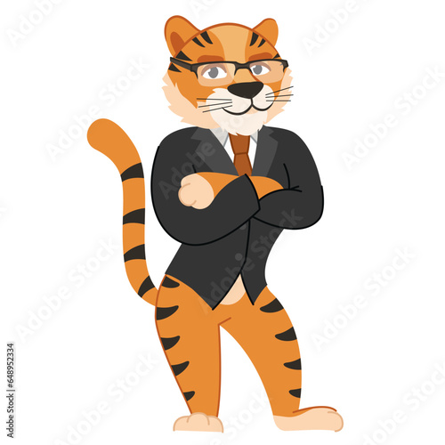 A tiger in a fashionable jacket and glasses. An animal character in clothes. Vector illustration