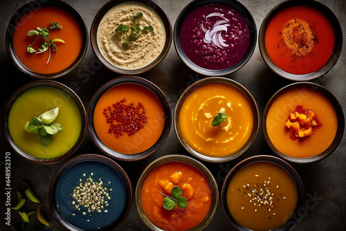 Composition with various soups, ingredients and space for text on black background. Healthy food, high definition soups, slight top view, compilation. AI Generative