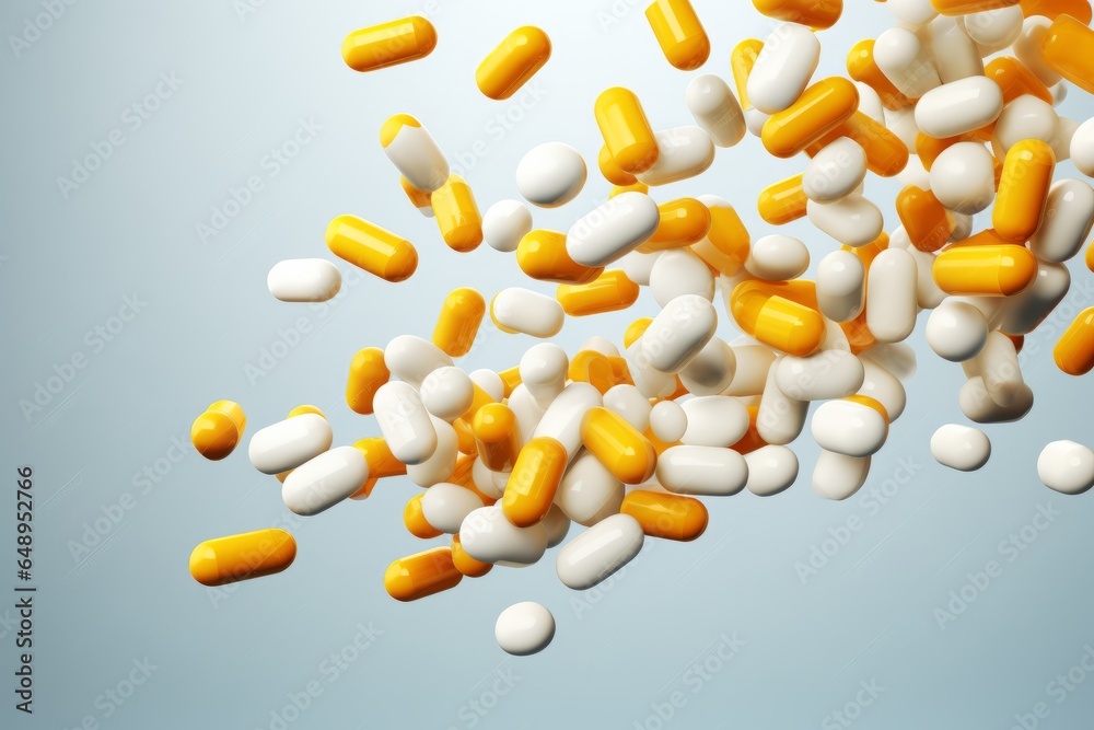 3d render of yellow and white pills falling on blue background. 3d render of yellow and white pills falling on blue background.