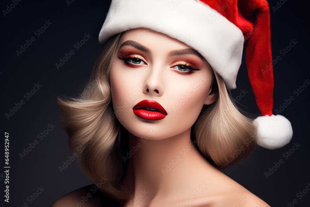 Beautiful woman with a bold red lips wearing in Santa hat. Christmas concept. Beautiful woman with a bold red lips wearing in Santa hat. Christmas concept.
