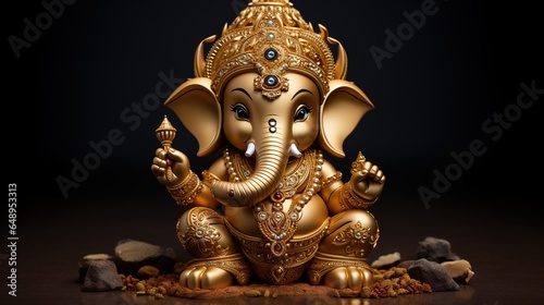 Cute Golden Ganesha God - Divine Hindu Deity Statue Symbolizing Spirituality, Icon of Faith and Worship 