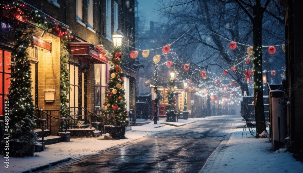 Photo of a festive city street adorned with Christmas lights and decorations