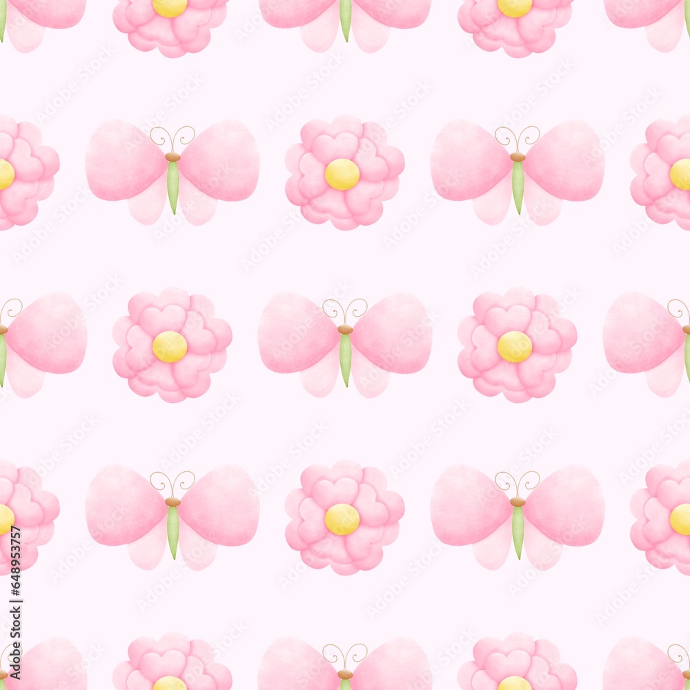 Watercolor flower and butterfly seamless pattern on light pink background. Pink Spring background. Watercolor flower and butterfly seamless pattern on light pink background. Pink Spring background.