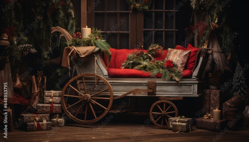 Photo of a festive wagon adorned with Christmas decorations and presents