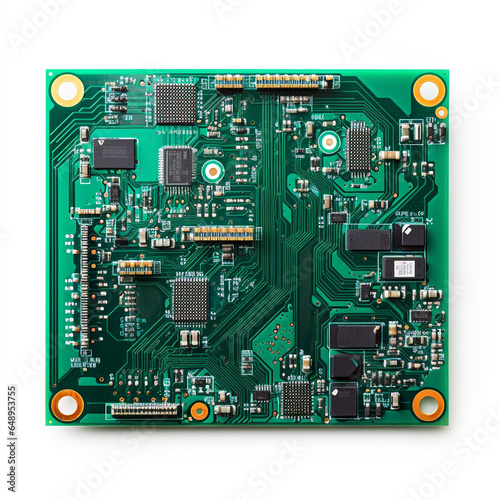 Electronic circuit board isolated on white background. Computer hardware technology background. Top view