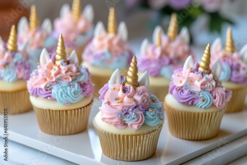 Unicorn cupcakes decorated with pink and blue icing, selective focus © Angus.YW