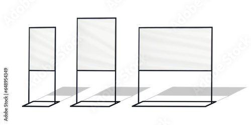 Blank white sign holder stand set. Realistic vector mockup. Floor poster display frame mock-up. Template for design