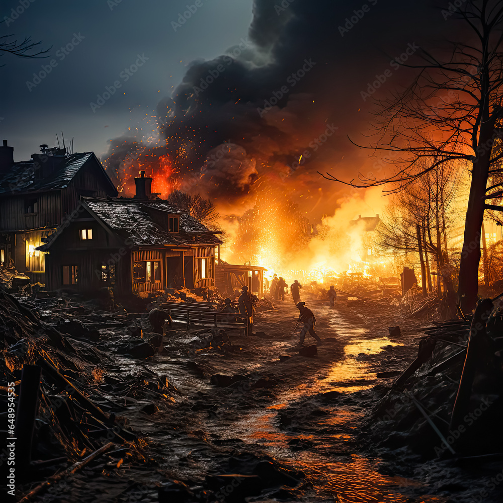 house on fire from bombing high quality 3D illustration