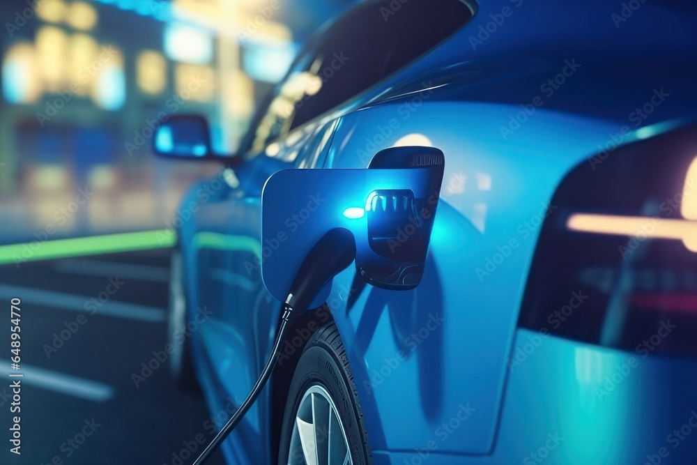 Charging an electric car at night, close-up. 3d rendering