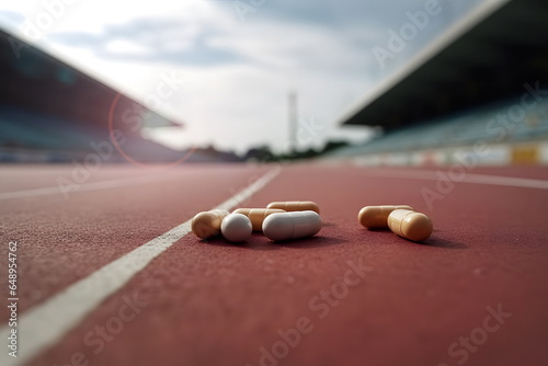 Pills on the treadmill in the stadium. Outside background. Doping in sports. Abuse of anabolic steroids for sports.