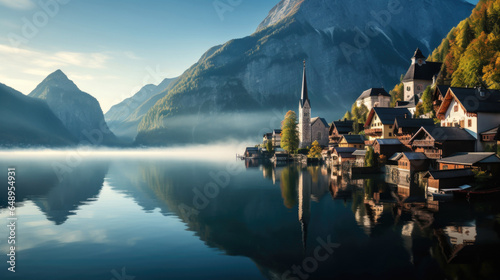 View of Hallstatt Hallstadt town with reflection in lake with blue sky above, Austria photo