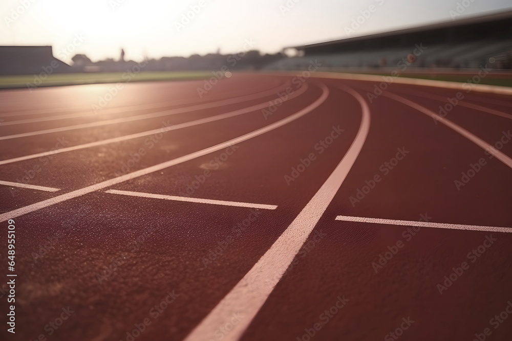 Red running track with white lines close-up at the stadium against the backdrop of sunlight. Outdoor. Nobody at the stadium.