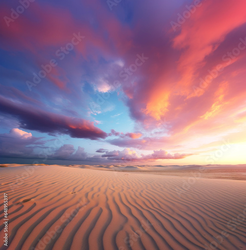 Red and purple sunset lit clouds over the sandy beach